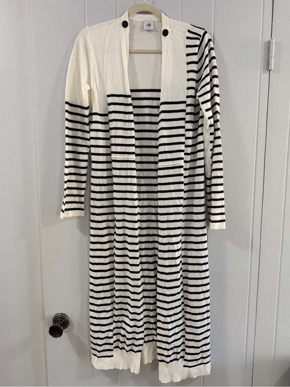 CAbi Black & White Striped Long Knit Cardigan Dress